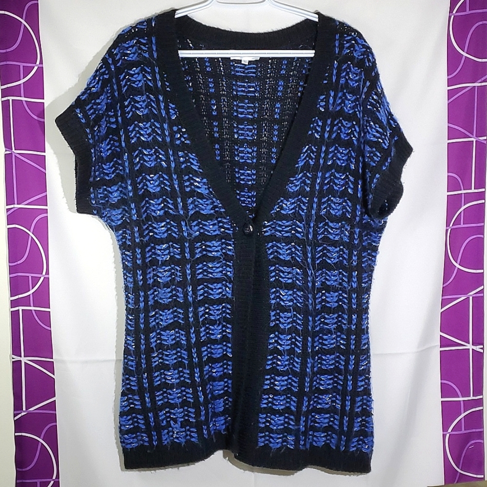 Northern Reflections Blue/Black Knit 1-Button Short Sleeve Cardigan - Large